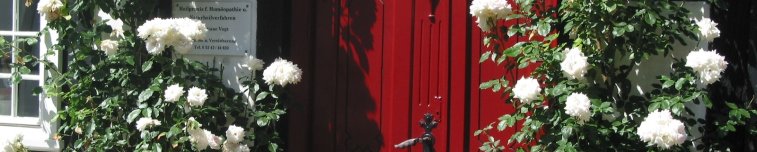 Roter Tür umrahmt von weißen Rosen - Link öffnet seitenüberlagerndes Dialog-Fenster
